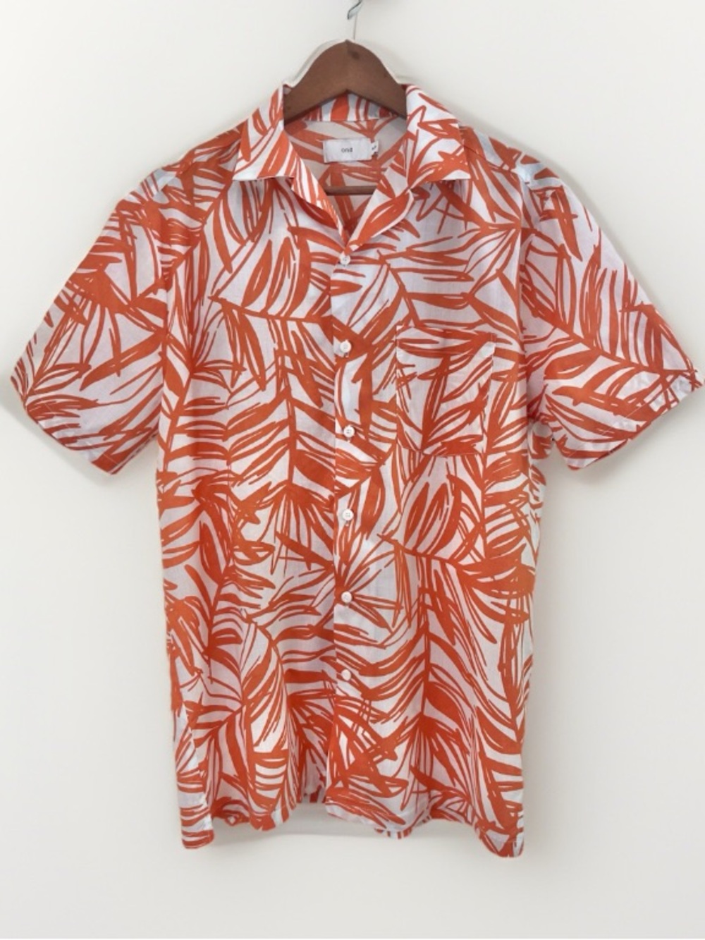 Onia 100% Cotton Men’s Button Down Tropical Print Shirt Orange White Size Medium